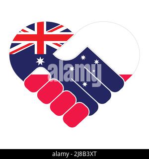 Handshake symbol in the colors of the national flags of Australia and Poland, forming a heart. The concept of peace, friendship. Stock Vector