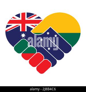 Handshake symbol in the colors of the national flags of Australia and Lithuania, forming a heart. The concept of peace, friendship. Stock Vector