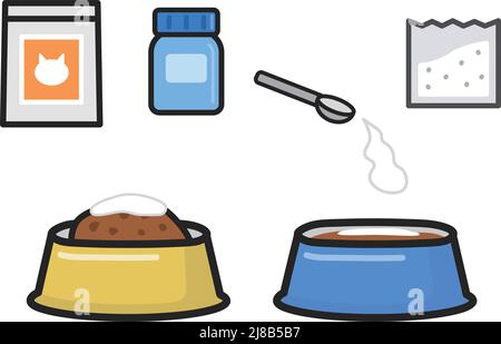 Icon set of mix the medicine with cat food in the bowl. Vector illustration isolated on white background. Stock Vector