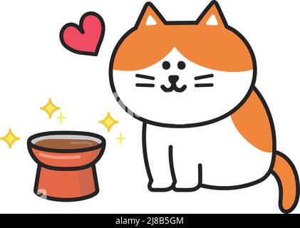 Happy cat finding delicious wet food on the elevated cat bowl. Vector illustration isolated on white background. Stock Vector