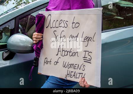 Home made sign reading Access to Safe and Legal Abortion Is part of womens health held by cropped woman in purple shirt holding umbrella standing by c
