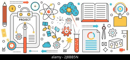 Project management, business development and implementation. Abstract cycle with gears for workflow operation, analysis process and innovation in infographic concept banner, thin line art design Stock Vector