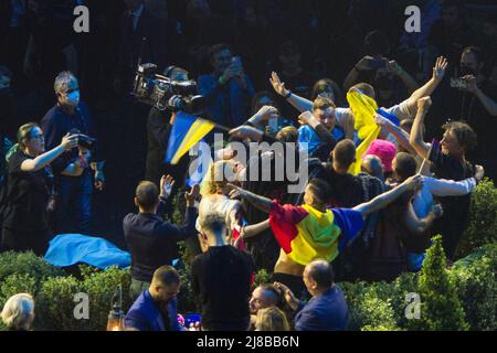 Turin, Italy. 15th May 2022.  Ukrainian band Kalush Orchestra reacts to victory of Eurovision Song Contest Final. Credit: Marco Destefanis / Alamy Live News Stock Photo