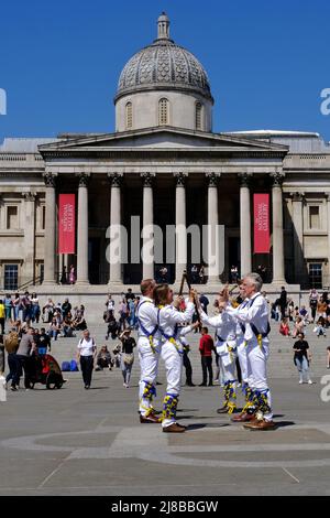 London, UK, 14th May, 2022. Morris men from across England perform the traditional folk style in Trafalgar Square, accompanied by music on the Westminster Day of Dance. The dancers are seen throughout the month of May and usually performed during festivals such as Whitsun and May Day. Credit: Eleventh Hour Photography/Alamy Live News Stock Photo