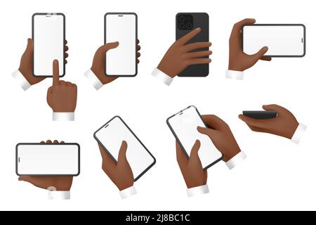3d hands of businessman use mobile phone with empty blank screen set vector illustration. Arms of man hold smartphones, click and show presentation on display of modern gadget isolated on white Stock Vector