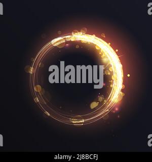 Gold luminous spark ring, abstract light frame effect vector illustration. Magic glowing round swirl lines with sparkling glitter particles, yellow flare lens shimmer on dark background Stock Vector