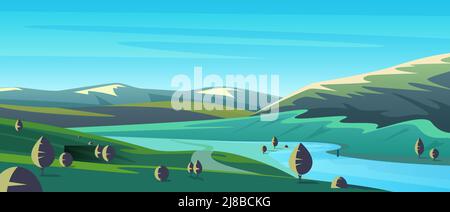 River green landscape with mountains and hill, country road and silhouettes of trees vector illustration. Cartoon rural simple scene for wallpaper, valley panorama of hilly region background Stock Vector