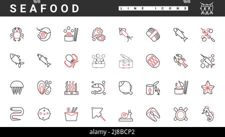Seafood, marine animal and fish, seaweed thin red and black line icons set vector illustration. Abstract shop or restaurant menu with shrimp crab scallop oyster lobster octopus squid tuna caviar Stock Vector