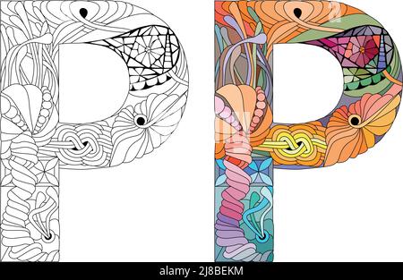 Zentangle stylized alphabet - letter P for coloring. Vector illustration. Ethnic pattern Stock Vector