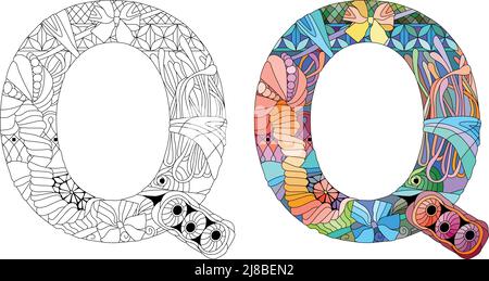 Zentangle stylized alphabet - letter Q for coloring. Vector illustration. Ethnic pattern Stock Vector