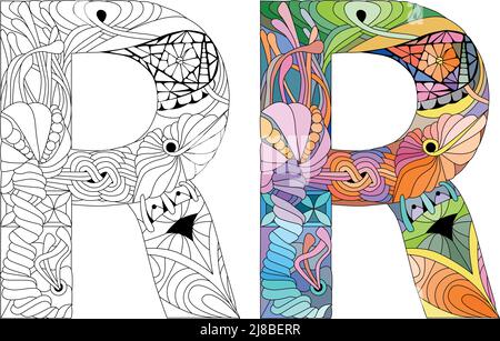 Zentangle stylized alphabet - letter R for coloring. Vector illustration. Ethnic pattern Stock Vector