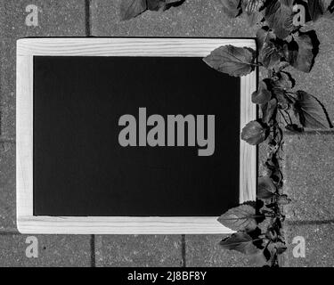 A high angle black and white shot of an empty chalkboard (blackboard) with wooden frame, on concrete floor, to write your message on - stock photograp Stock Photo