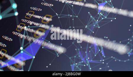 Website HTML Code on the Laptop Display Closeup Photo. Modern tech. Innovative startup project. Stock Photo