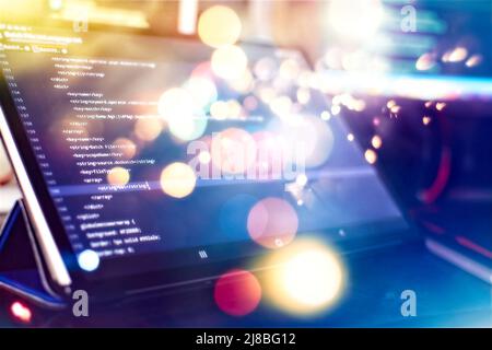 IT business.Monitor closeup of function source code. Project managers work new idea. Stock Photo