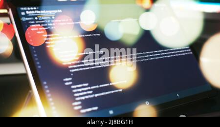 Modern tech. PHP syntax highlighted. Writing programming functions on laptop. Big data and Internet of things trend. Stock Photo