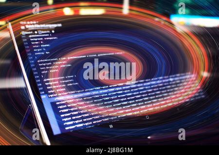 Modern tech. PHP syntax highlighted. Writing programming functions on laptop. Big data and Internet of things trend. Stock Photo