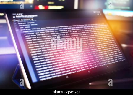 Modern tech. PHP syntax highlighted. Writing programming functions on laptop. Big data and Internet of things trend. Stock Photo