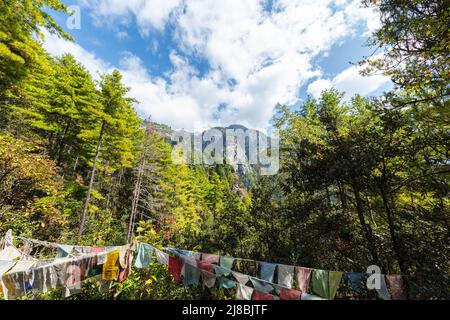 Bhutan - October 26, 2021: Buddhism Prayer flags waving in the wind on the hiking trail to the tiger nest in Bhutan, Himalaya. Blue sky, white clouds Stock Photo