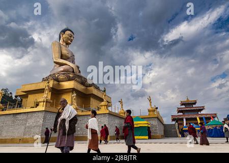 Thimphu, Bhutan - October 25, 2021: Buddha Dordenma statue on the hills around Thimphu. Gigantic golden  Shakyamuni Buddha statue in the mountain of B Stock Photo