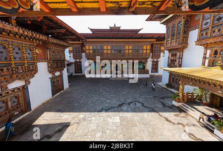 Bhutan - October 24, 2021: Inside  Punakha Dzong in Bhutan. Punakha Dzong Monastery, one of the largest monasteries in Asia. The delicate decoration i Stock Photo