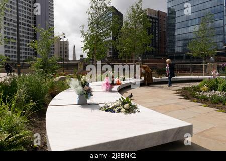 The Glade of Light memorial for Manchester Arena terrorist attack. Manchester UK. Stock Photo