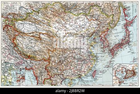 Map of China and Japan. Publication of the book 'Meyers Konversations-Lexikon', Volume 2, Leipzig, Germany, 1910 Stock Photo