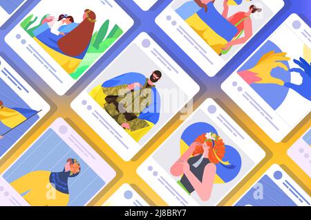 set posts with patriots holding Ukrainian flags pray for Ukraine peace save Ukraine from russia stop war Stock Vector