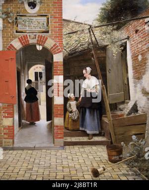 The Courtyard of a House in Delft by Dutch Golden Age painter Pieter de Hooch at the National Gallery, London, UK Stock Photo