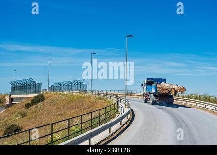 Dump truck loaded with logs of wood circulating on a road. Stock Photo