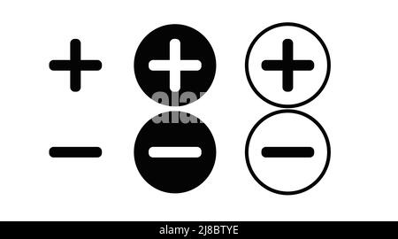 Plus and Minus Icon Set. Black and white editable flat illustration Stock Vector