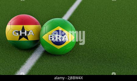 Brazil vs. Ghana Soccer Match - Leather balls in Brazil and Ghana national colors. 3D Rendering Stock Photo