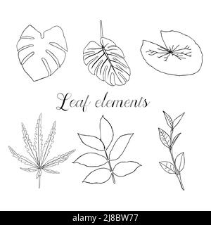 Marijuana leaf sketch set, palm, water lily, linden in doodle style. Black contours of leaves on a white background. Vector illustration. Stock Vector