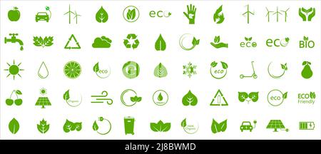 Eco green icons. Ecology icons set. Vector illustration. Flat design. Stock Vector