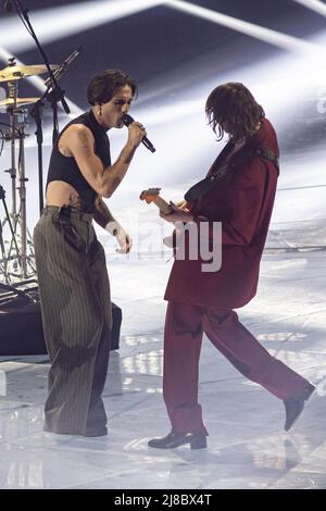 Maneskin (Damiano David, Victoria De Angelis, Ethan Torchio, Thomas Raggi) perform at the grand-final of Eurovision Song Contest. Turin (Italy) on may 14th, 2022. Photo by Marco Piovanotto/ABACAPRESS.COM Stock Photo