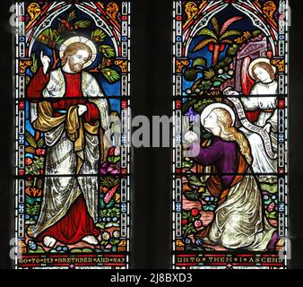 A stained glass window by Frederick Preedy depicting scenes in the Life of Christ, Fladbury Church, Worcestershire Stock Photo