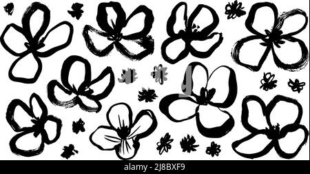 Chamomile hand drawn black painted vector set. Stock Vector