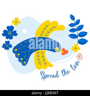 Postcard Spread love. Decorative blue-yellow bird with red heart on background of flowers. Vector illustration for decor, design, decoration Stock Vector