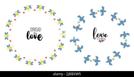 Two postcards - Love is in the air and spread love. Round frame with birds with heart and cute bees. Vector illustration for decor, design, print and Stock Vector