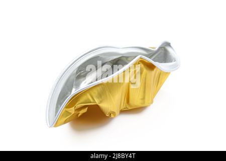 Crumpled food tin can isolated on white background Stock Photo
