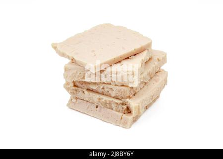 Slices of canned turkey meat isolated on white background Stock Photo