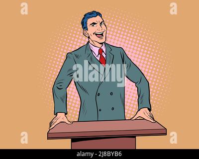 businessman speaker speaks on podium, training business school. Politician or preacher. Pop art retro vector illustration comic caricature 50s 60s sty Stock Vector