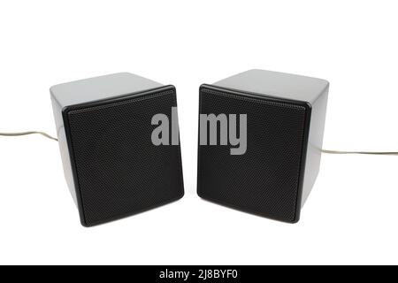 Small silver pc speakers with cables isolated on white background Stock Photo