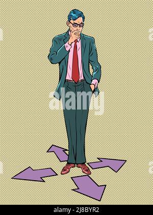 The avatar businessman is thinking where to go, right, left, forward or backward. Computer character. Pop art retro vector illustration comic caricatu Stock Vector