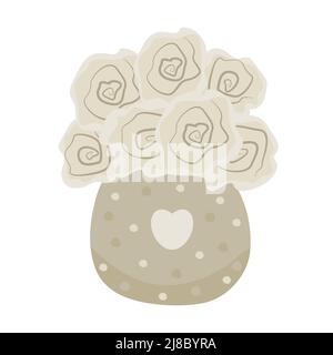 Seven beige roses in a round vase with dots and a heart Stock Vector
