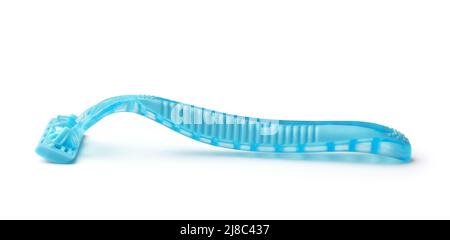 Side view of blue disposable plastic shaving razor isolated on white Stock Photo