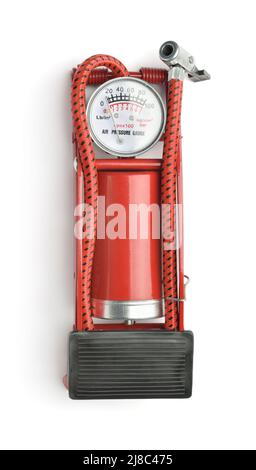 Front view of red car tyre foot pump isolated on white Stock Photo