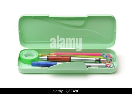 Front view of open plastic pencil box with different supplies isolated on white Stock Photo