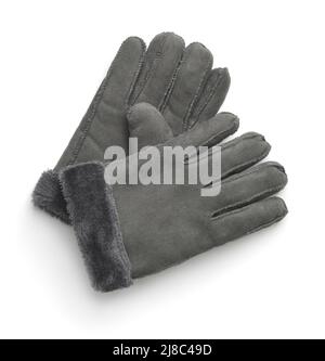 Top view of gray winter warm faux suede gloves isolated on white Stock Photo
