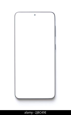 Front view of modern frameless smartphone with blank screen isolated on white Stock Photo