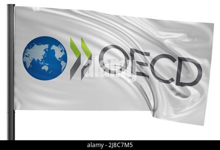 OECD Organisation for Economic Co-operation and Development flag waving in the wind. Isolated on white background 3D illustration Stock Photo